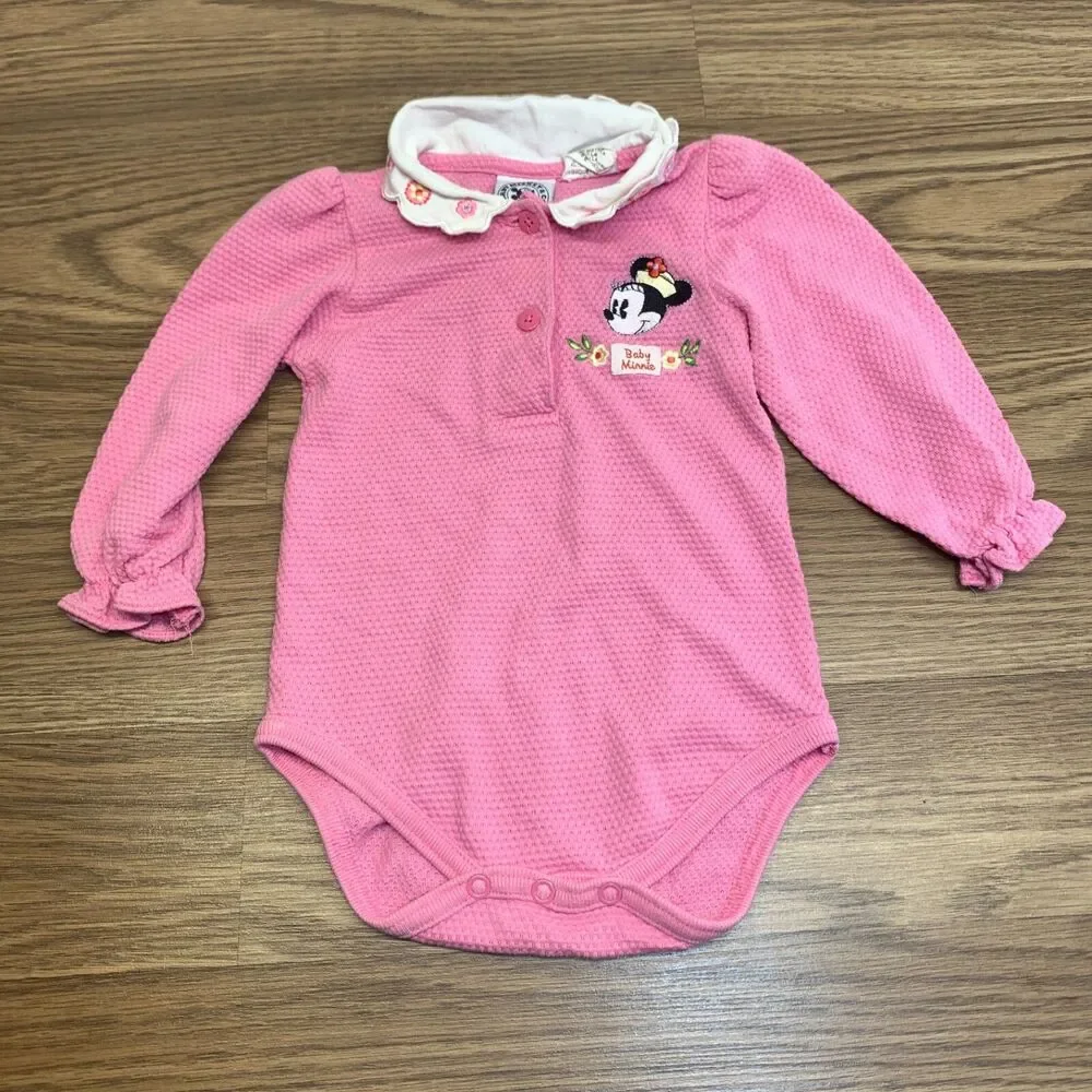 Vintage Disney Babies Minnie Baby Doll Collar Swiss Dot Jumpsuit Outfit 12 Month